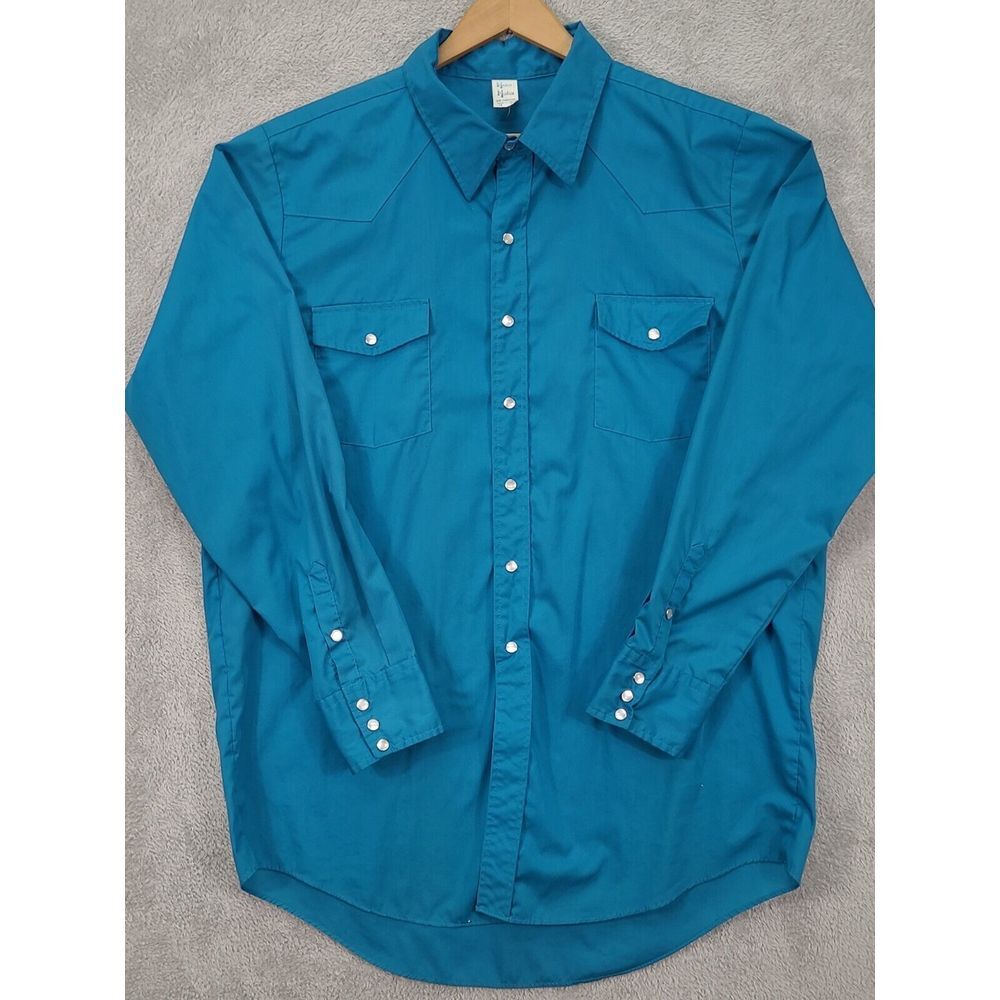 VTG Malco Modes San Francisco Teal Western Pearl Snap Shirt‎ Size 18-35 USA Made
